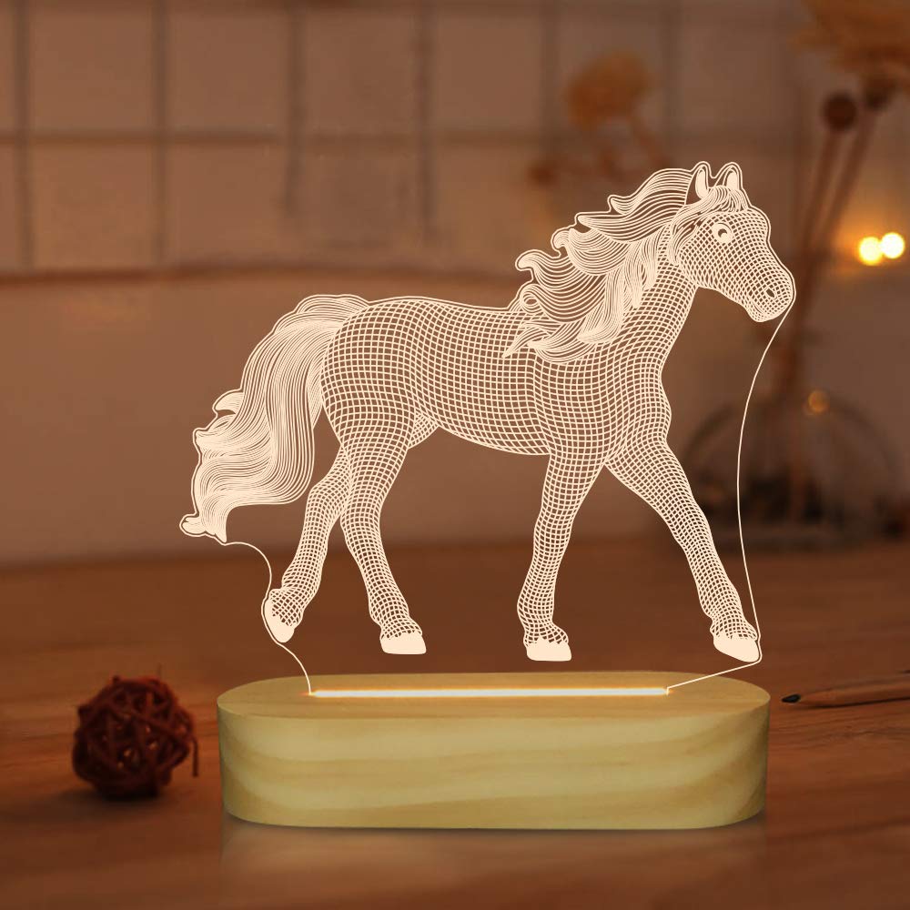 Lightzz gifts for Horse Lover, 3D Illusion Optical Horse Night Light,LED Warm White Desk Table Lamp for Kids girlss Bedroom Decor