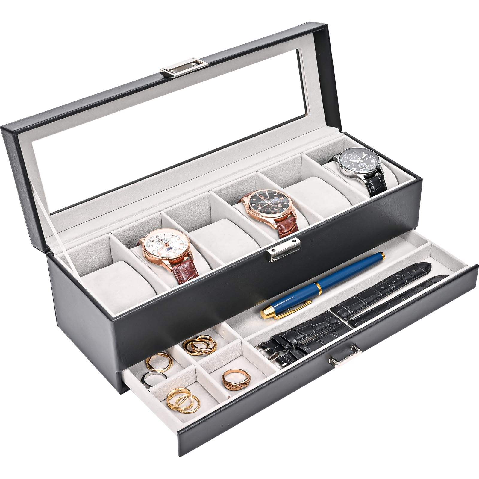 Procase Watch Box Organizer for Men, 6 Slot Watch Display case with Drawer, Mens Watch Box Watch case Holder, 6 Watch Box Double