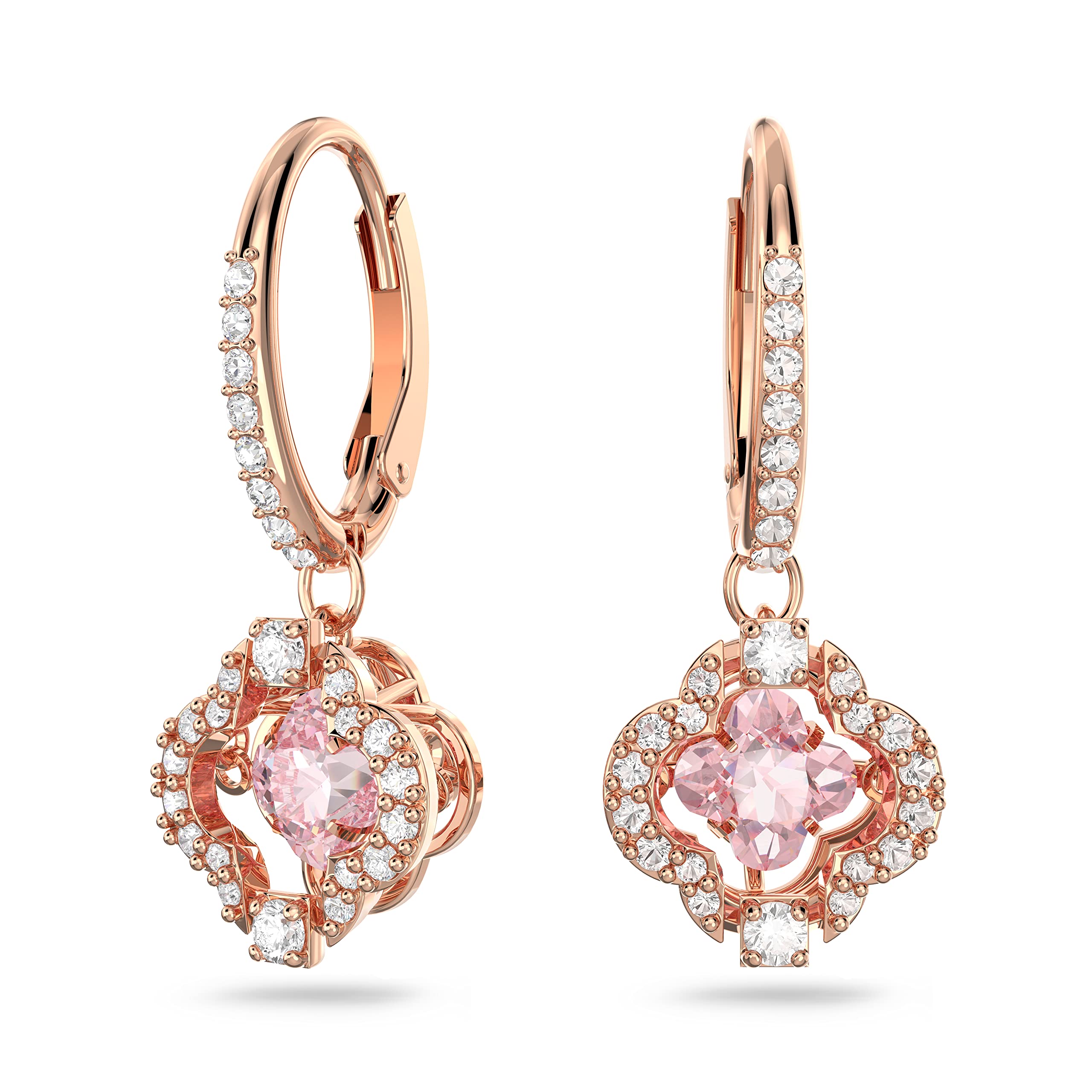 Swarovski Sparkling Dance clover Pierced Earrings with clear crystal PavA Surrounding a Pink Stone on a Rose-gold Tone Plated Se