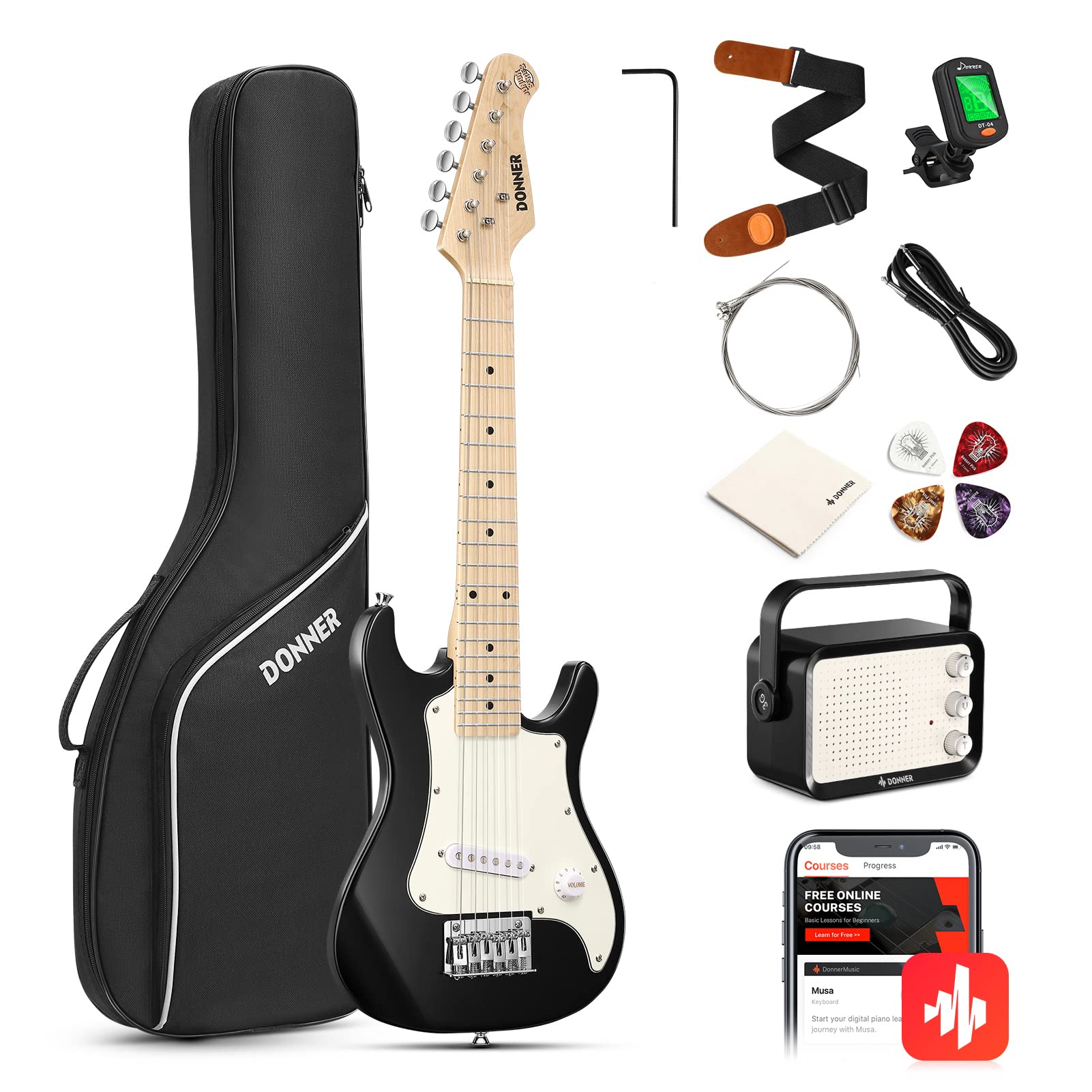 Donner 30 Inch Kids Electric guitar Beginner Kits ST Style Mini Electric guitar for Boys girls with Amp, 600D Bag, Tuner, Picks,
