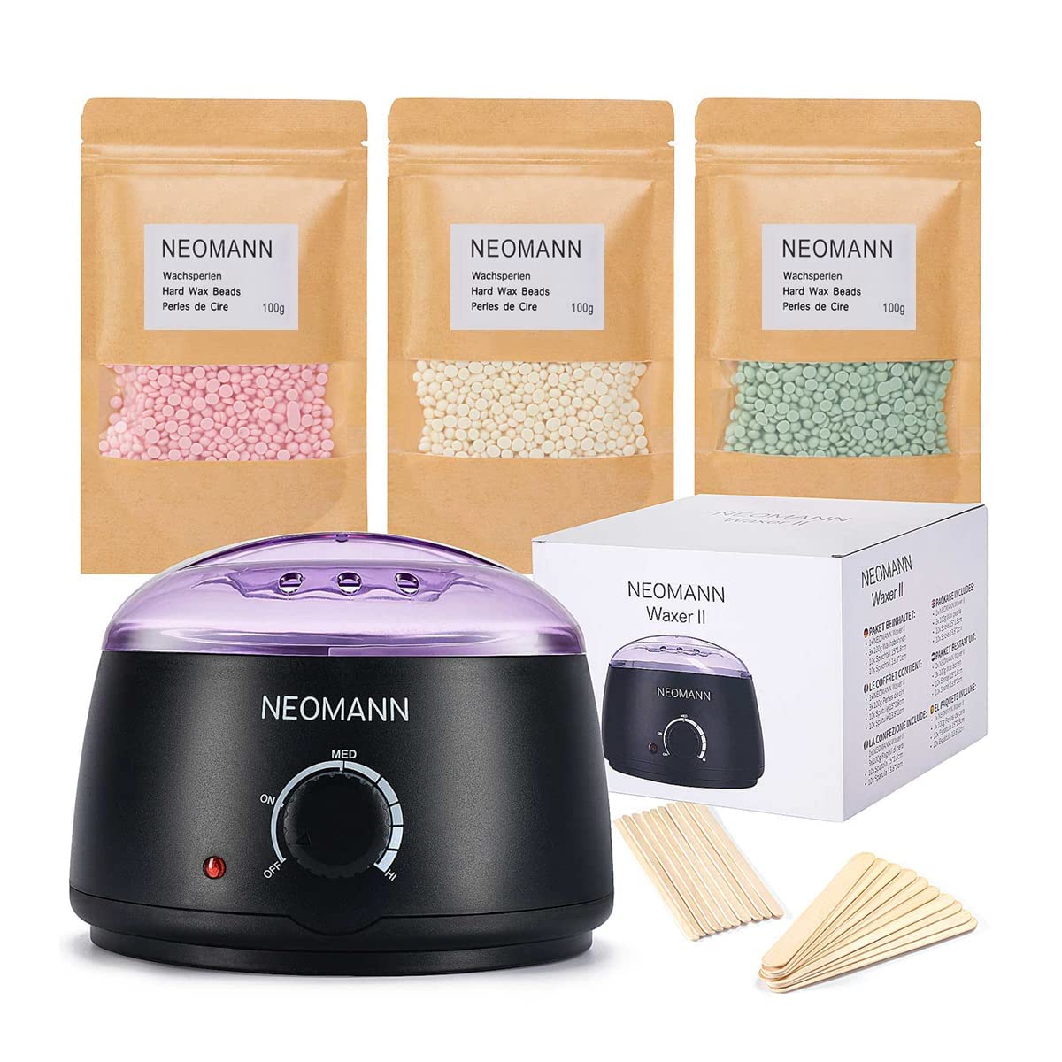 NEOMANN Waxer II Waxing Kit for Women and Men Non-Sticky, Teflon-coated - Wax Warmer for Hair Removal incl 300g Wax Beads, 20 Sp