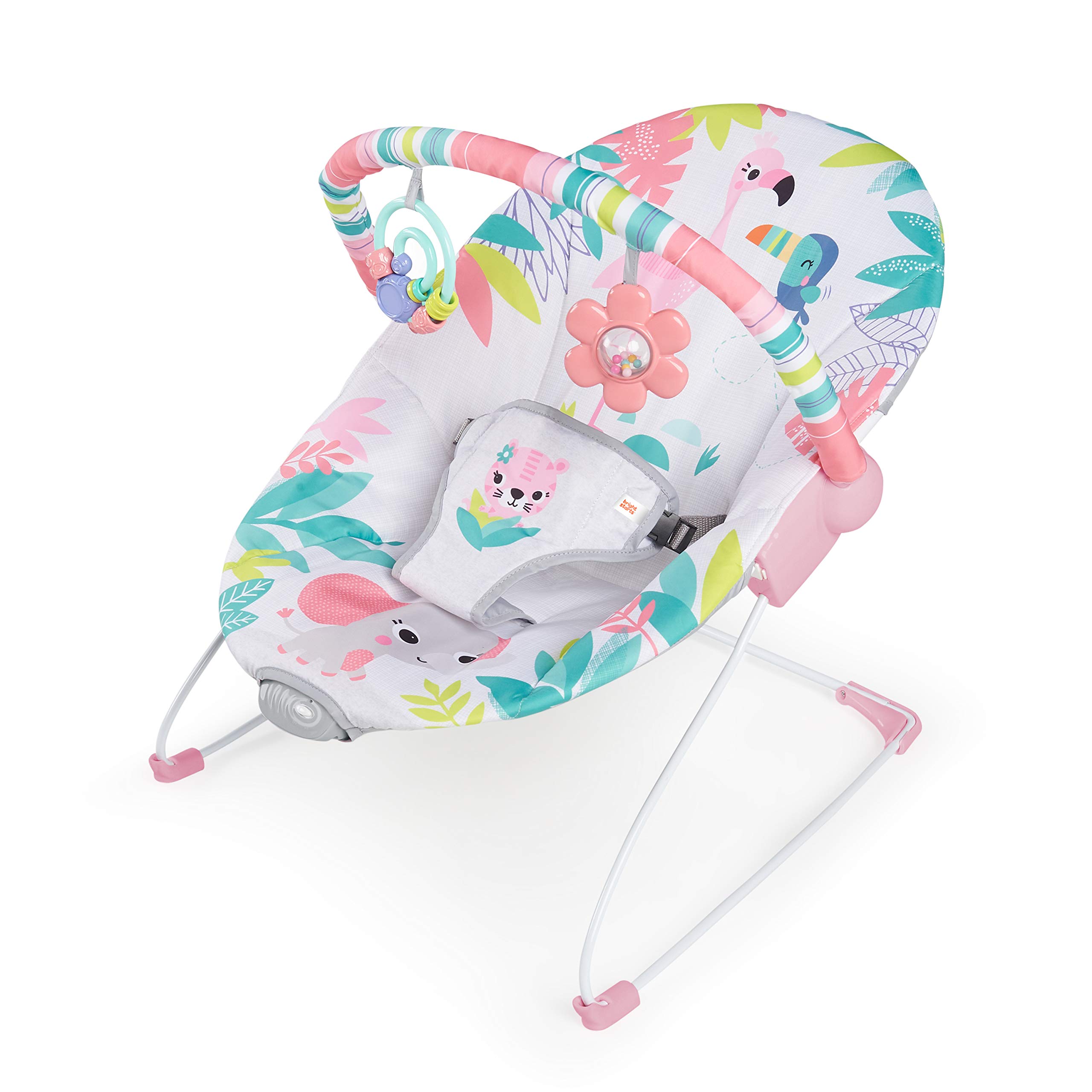 Bright Starts Baby Bouncer Soothing Vibrations Infant Seat - Removable Toy Bar, Nonslip Feet, 0-6 Months Up to 20 lbs (Flamingo 