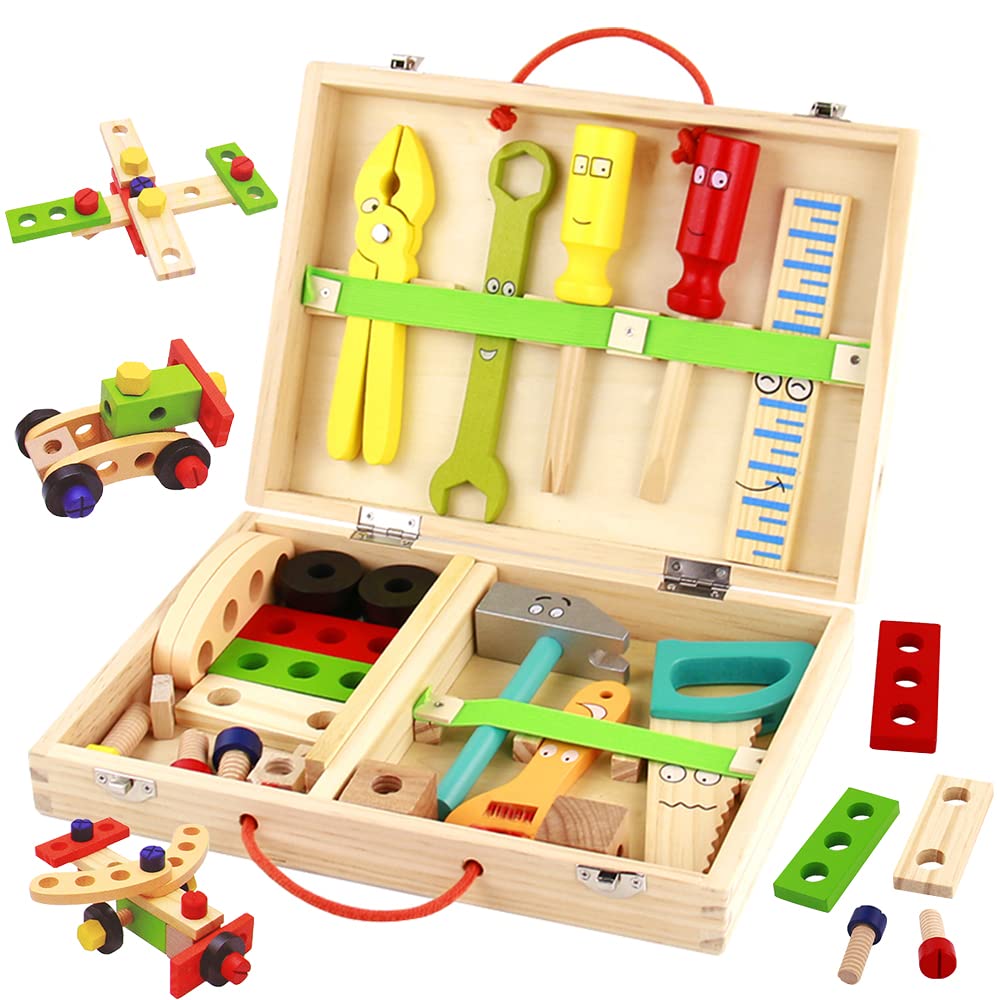 Tonze Wooden Toys Kids Tool Set Learning Montessori Toys for 3 4 5 Boy girl gifts,Toddler Tool Set construction Toys