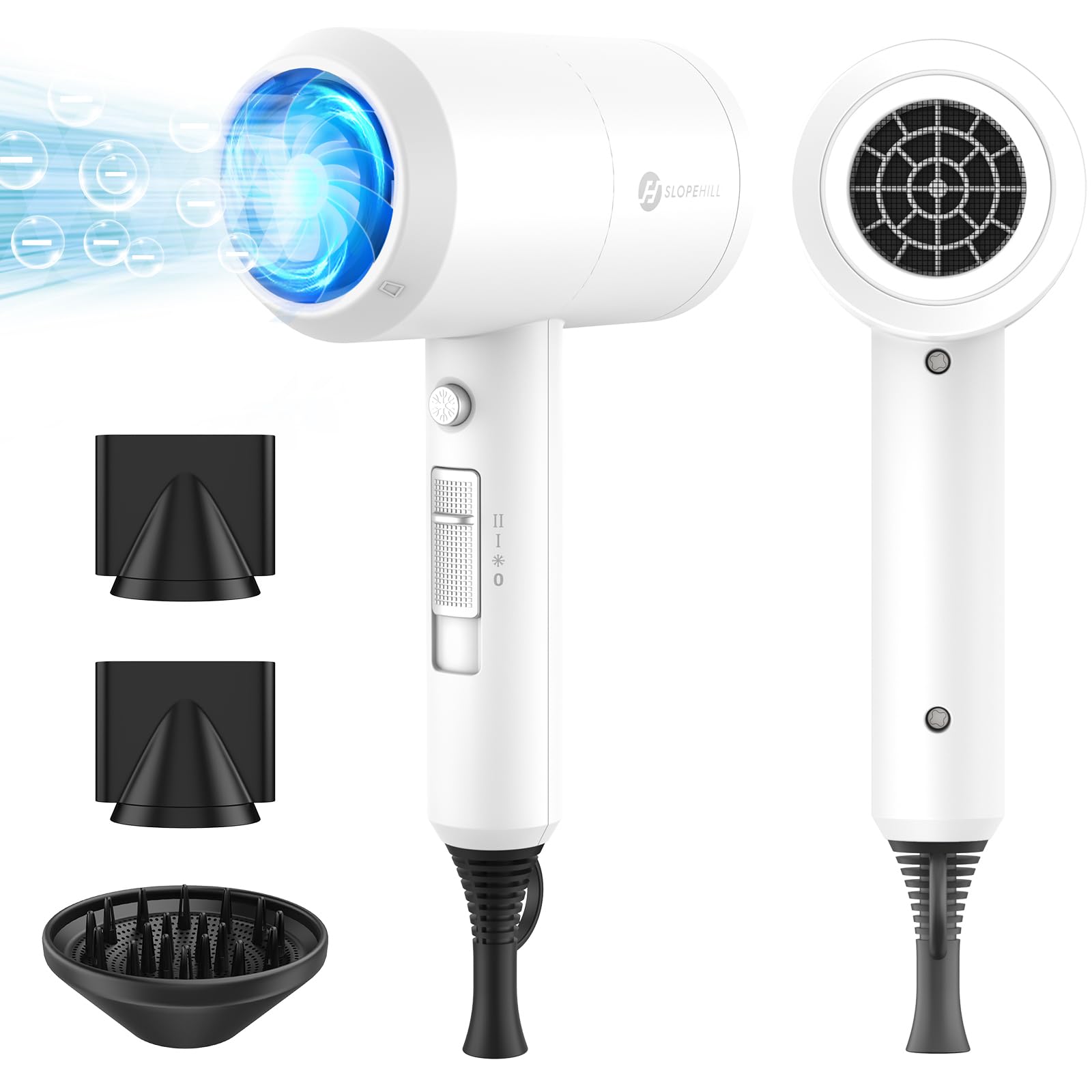 Slopehill Professional Ionic Hair Dryer, Powerful 1800W Fast Drying Low Noise Blow Dryer with 2 concentrator Nozzle 1 Diffuser A