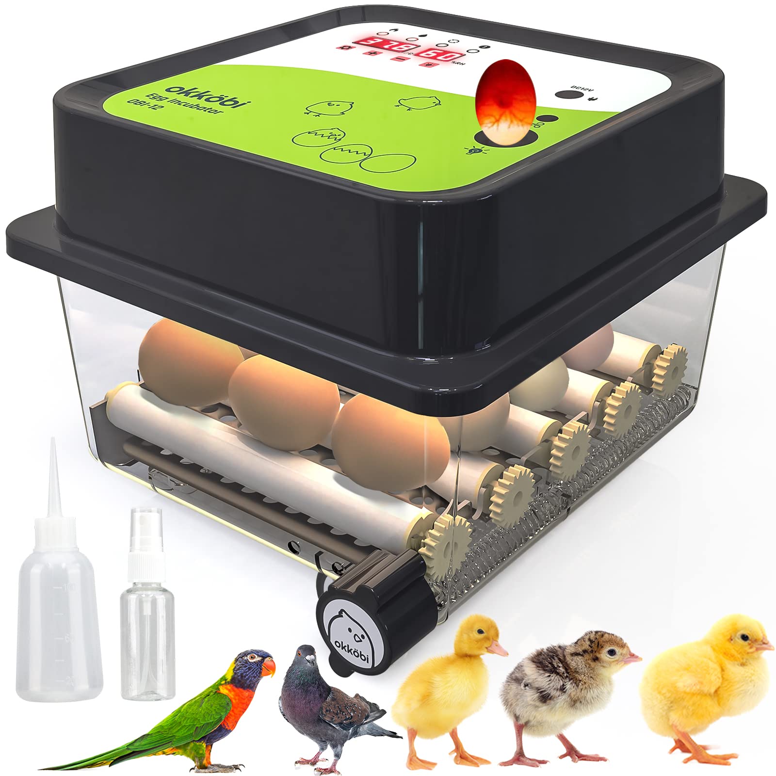 OKK??I OkkAbi OBI-12 Egg Incubator for Hatching chickens, Ducks & Other Birds + New 2023 + Automatic Egg Turner + Temperature control +