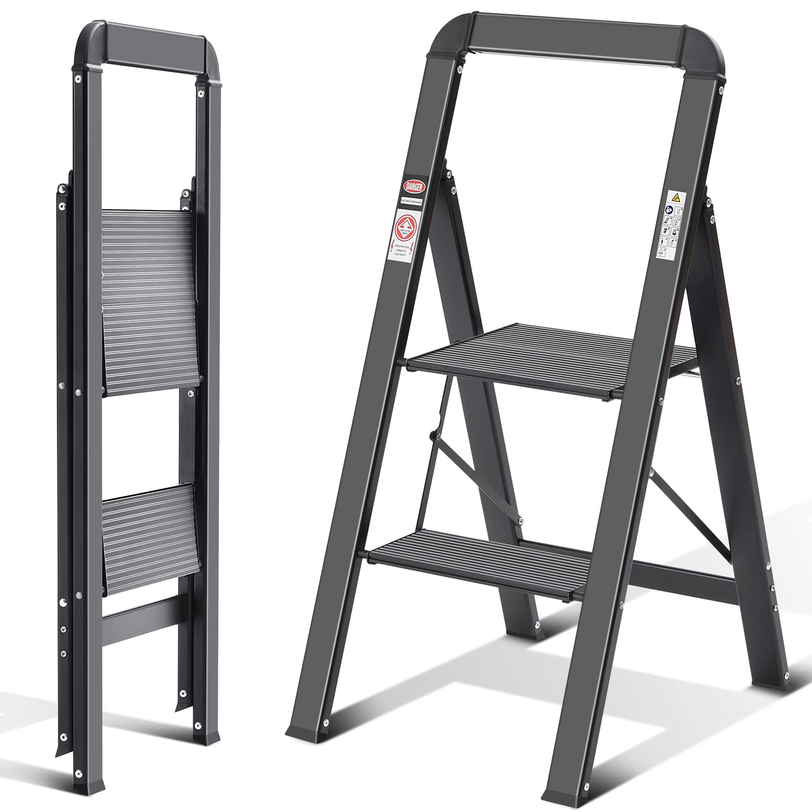KINgRAcK Step Ladder, 2 Steps, Folding Step Ladder with Handrail, Non-Slip Household Ladder with Folding Safety, Aluminium Step 