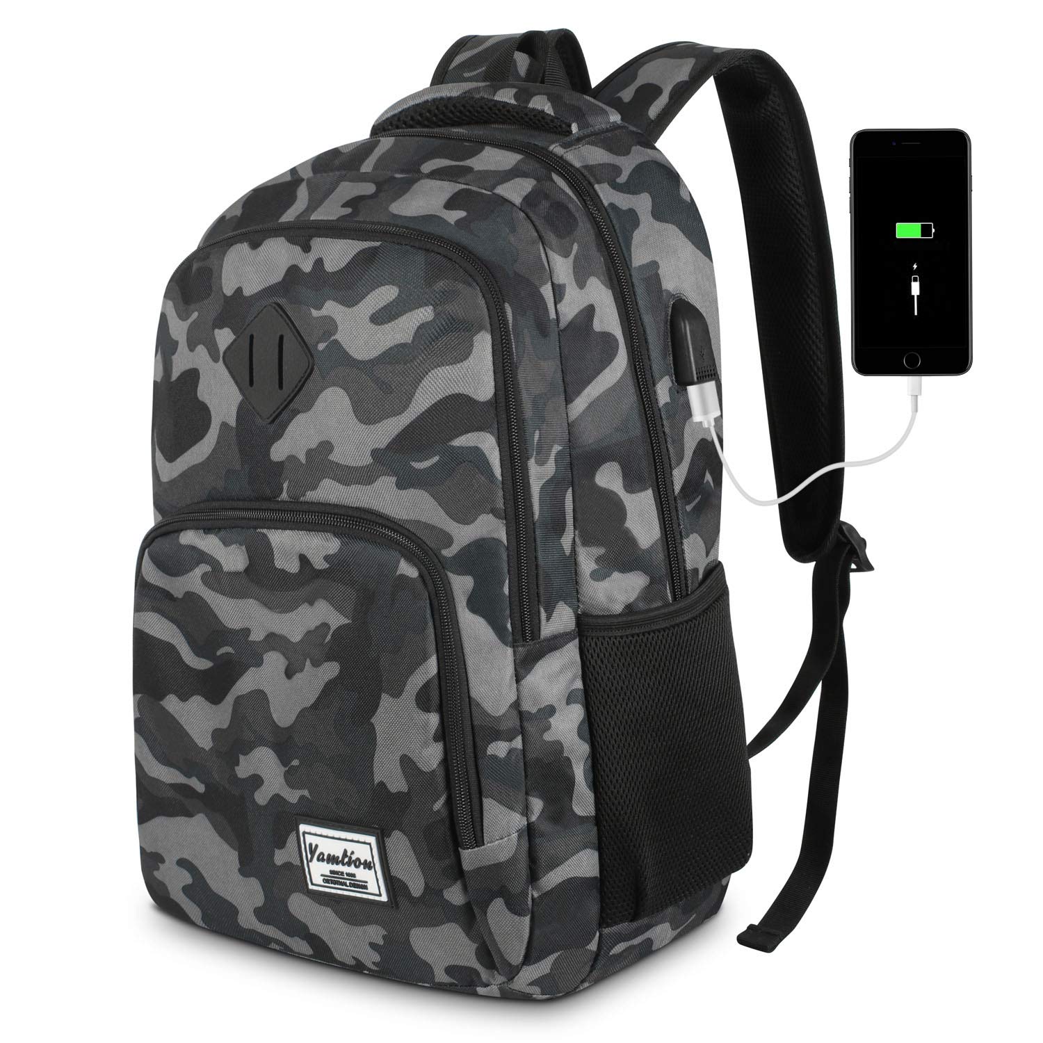YAMTION 17 Inch School Backpack for Teen Boys,Bookbag for High School  college Backpack with USB,camouflage Black