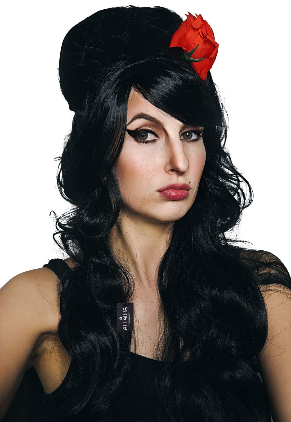 ALLAURA - Black Beehive Wig + Red Flower + Black Bouffant Beehive Wigs Long Black Wig Curly 90s Costume Wigs For Women & Girls -