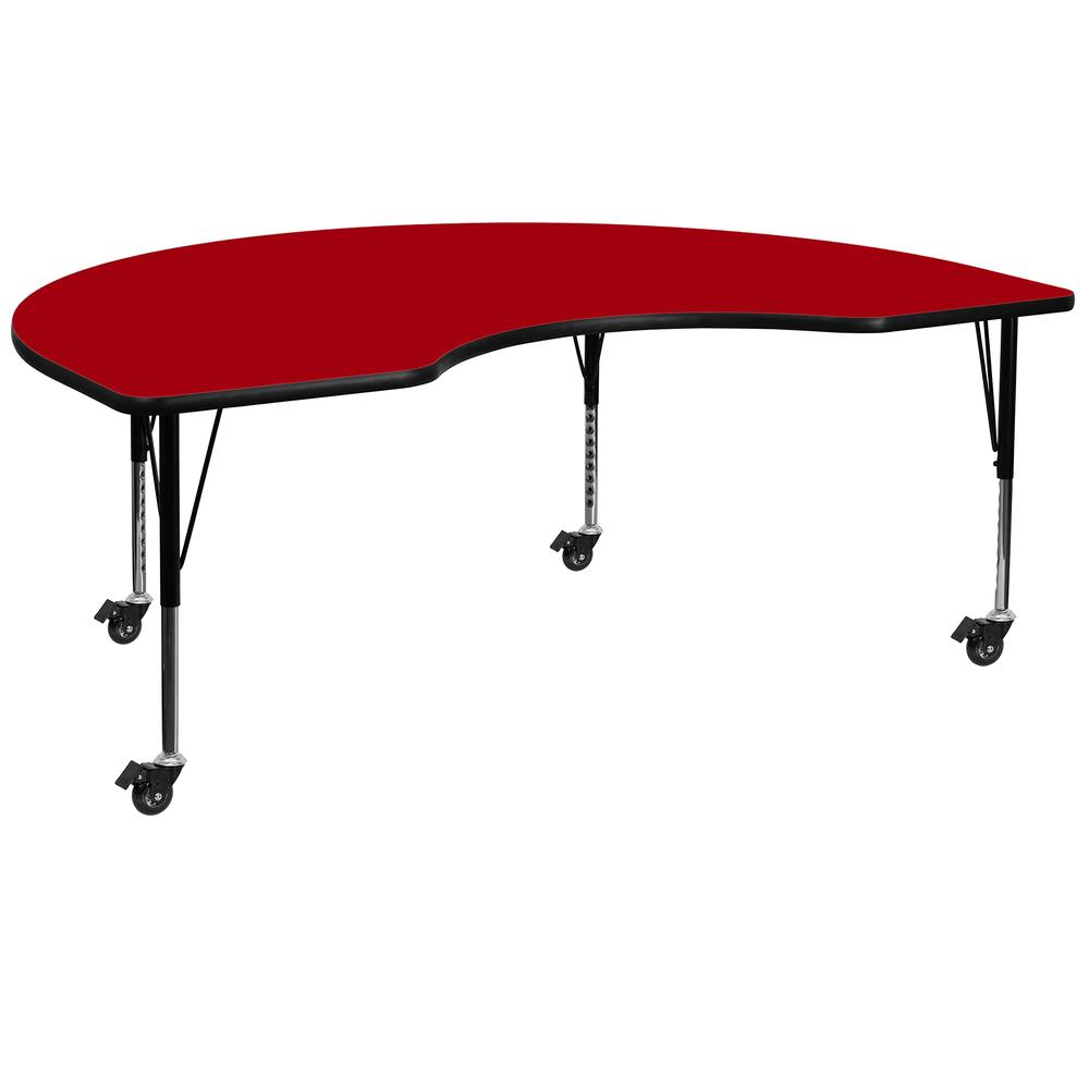 Flash Furniture Wren Mobile 48''W x 96''L Kidney Red Thermal Laminate Activity Table - Height Adjustable Short Legs
