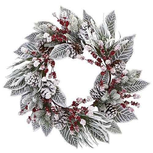 Nearly Natural 24 in. Snowy Magnolia Berry Artificial Wreaths White