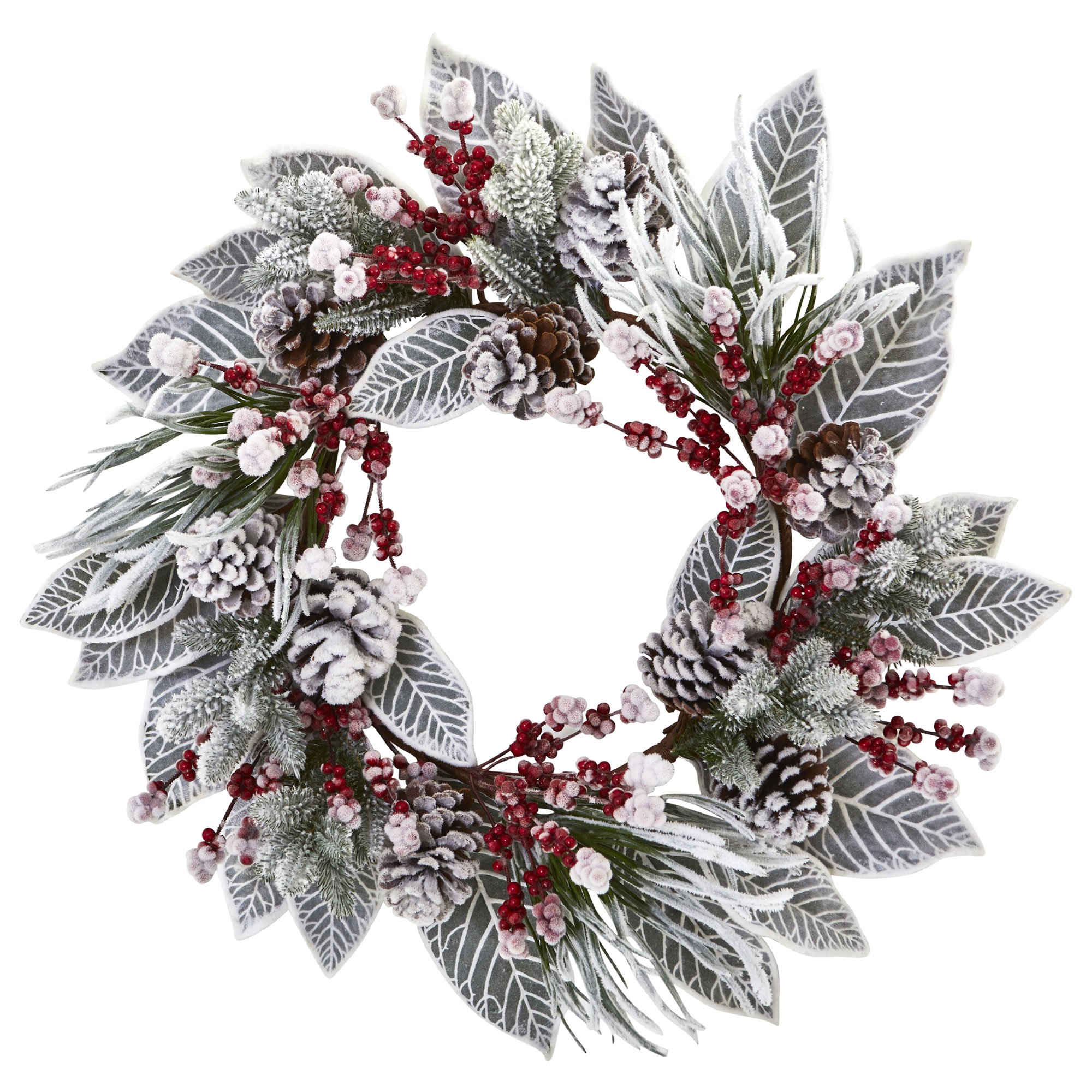 Nearly Natural 24 in. Snowy Magnolia Berry Artificial Wreaths White