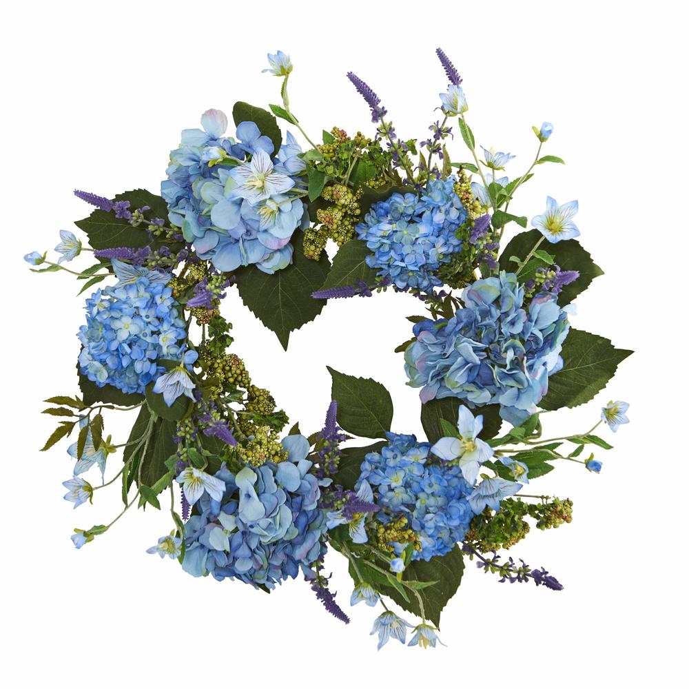 Nearly Natural, 24" Hydrangea Wreath (4224),Blue