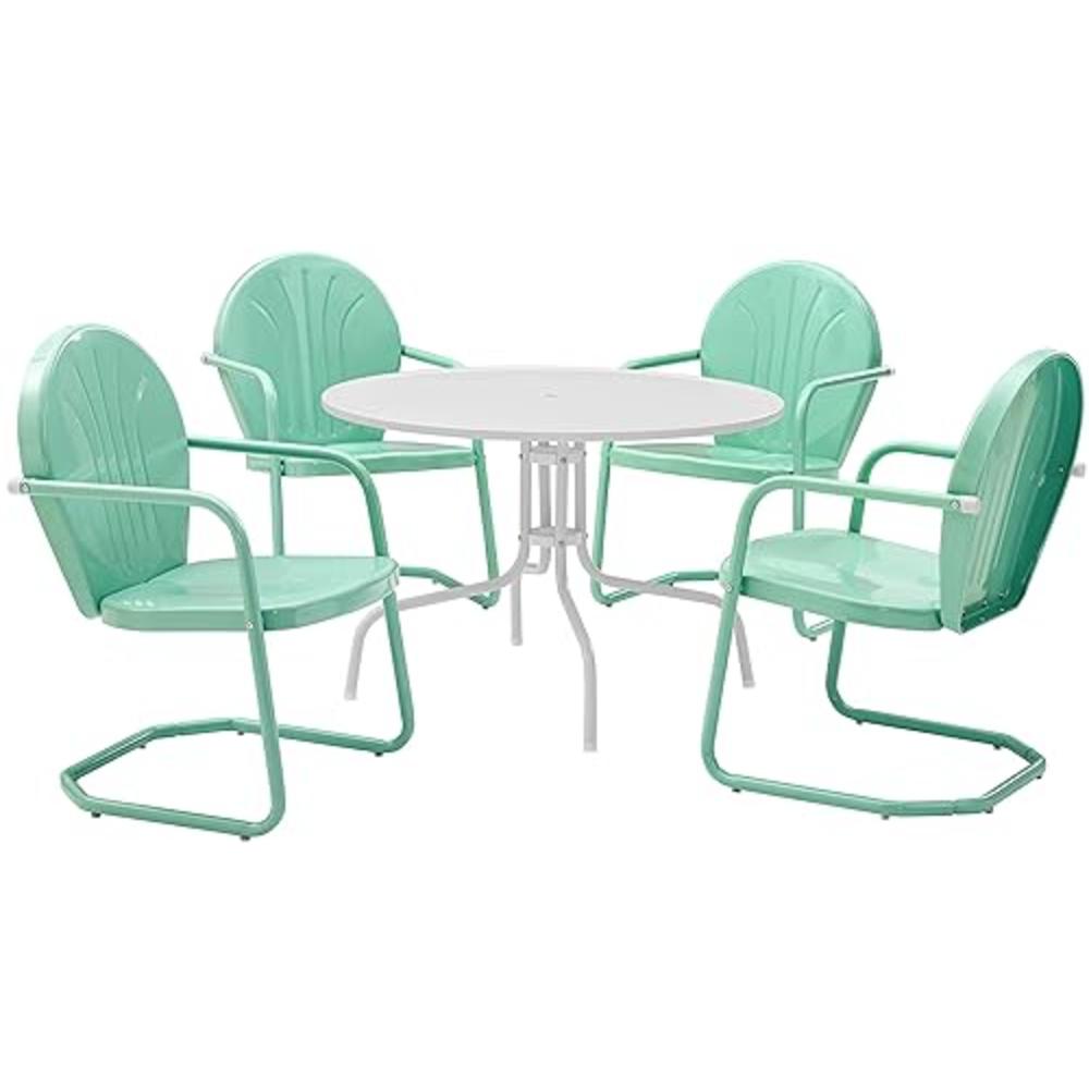 Crosley Furniture KOD10010AQ Griffith Retro Metal Outdoor 5-Piece Dining Set with 39" Table and 4 Chairs, White and Aqua