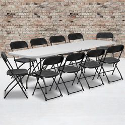 Flash Furniture 8' Plastic Bi-Fold Training Table Set with 10 Folding Chairs, 11-Piece Rectangular Folding Training Table and Ch