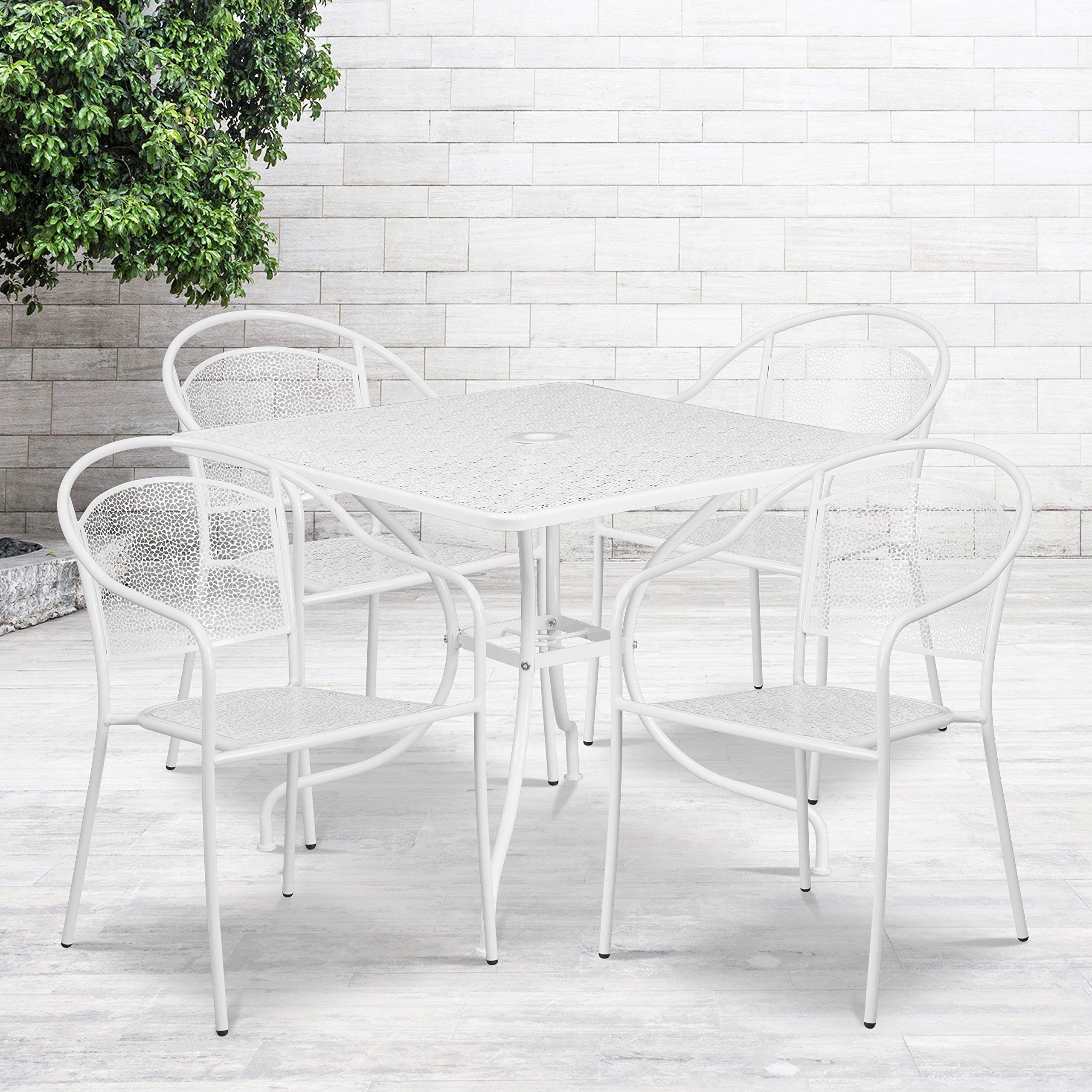 Flash Furniture Oia Commercial Grade 35.5" Square White Indoor-Outdoor Steel Patio Table Set with 4 Round Back Chairs