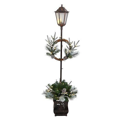 Nearly Natural 5ft. Holiday Pre-lit Decorated Lamp Post with Artificial Christmas Greenery, Decorative Container and 50 LED Ligh