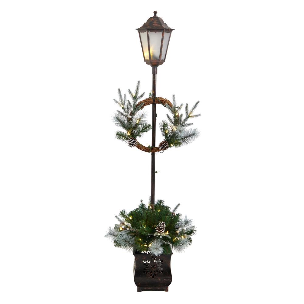 Nearly Natural 5ft. Holiday Pre-lit Decorated Lamp Post with Artificial Christmas Greenery, Decorative Container and 50 LED Ligh