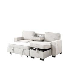 Lilola Home Estelle Beige Fabric Reversible Sleeper Sectional with Storage Chaise Drop-Down Table 2 Cup Holders and 2USB Ports