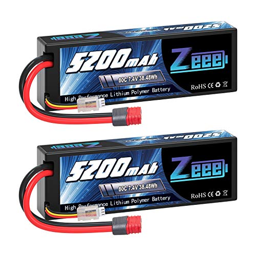 Zeee 7.4V 2S Lipo Battery 5200mAh 80C Hard Case Battery Deans T Plug with Housing for 1/8 1/10 RC Vehicles Car Slash RC Buggy Tr
