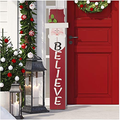 Glitzhome 42.00"H Christmas Wooden Welcome Sign Santa Porch Sign - BELIEVE Hanging Signs Christmas Decoration for Front Door Wal