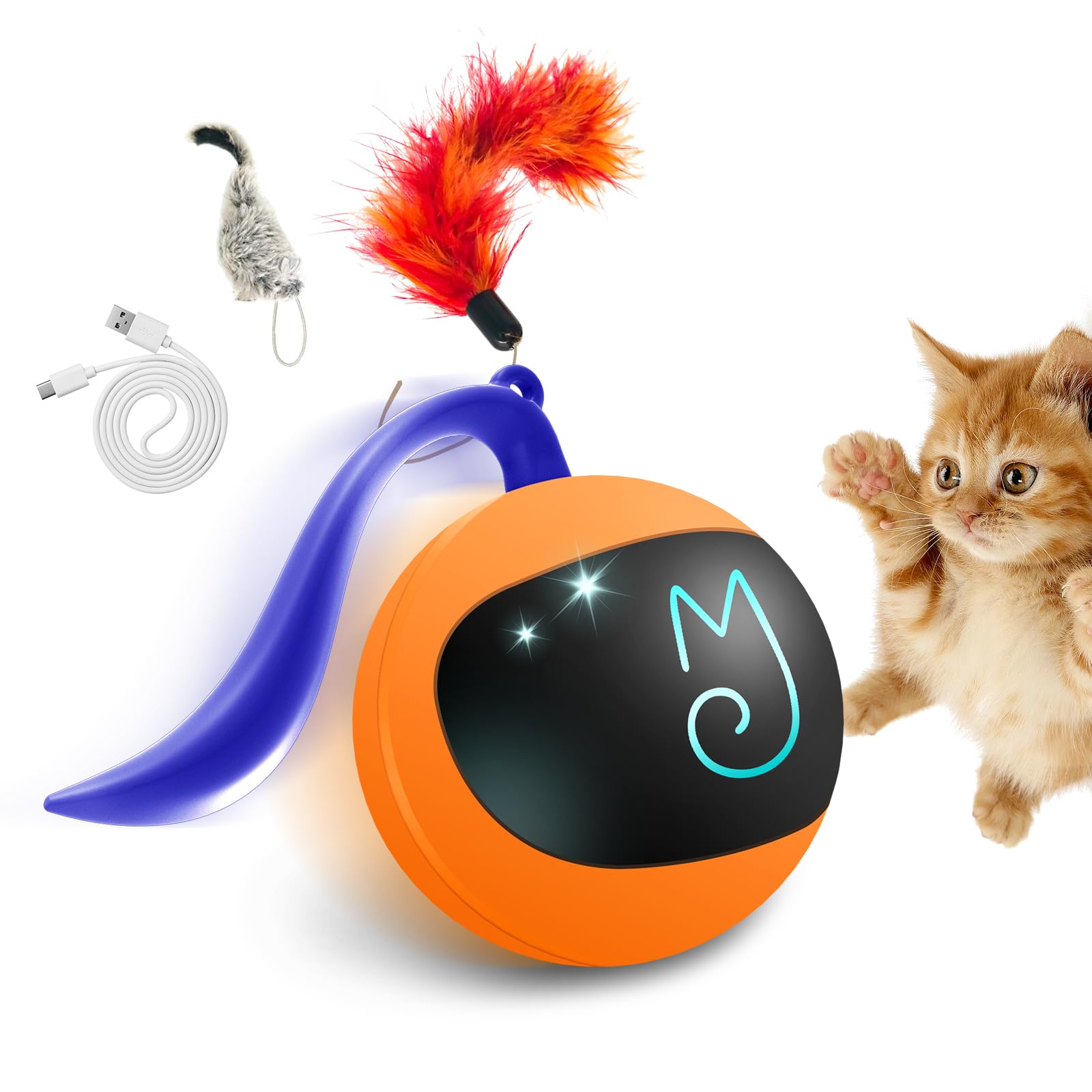Walbest Interactive Cat Ball Toy With Remote Control Automatic Moving Rolling Cat Feather Toy Usb Rechargeable Motion Sensor Cat Toy