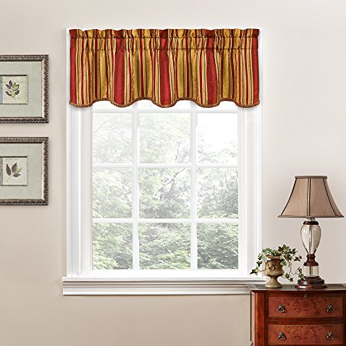 Traditions By Waverly Valances for Windows-Stripe Ensemble Rod Pocket Curtains for Kitchen and Living Room, 52" x 16", Crimson