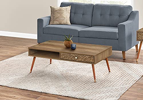 Monarch Specialties Rectangular Cocktail Storage Drawer and 1 Shelf-Rippled Front-Mid-Century Modern Coffee Table, 43" L, Walnut