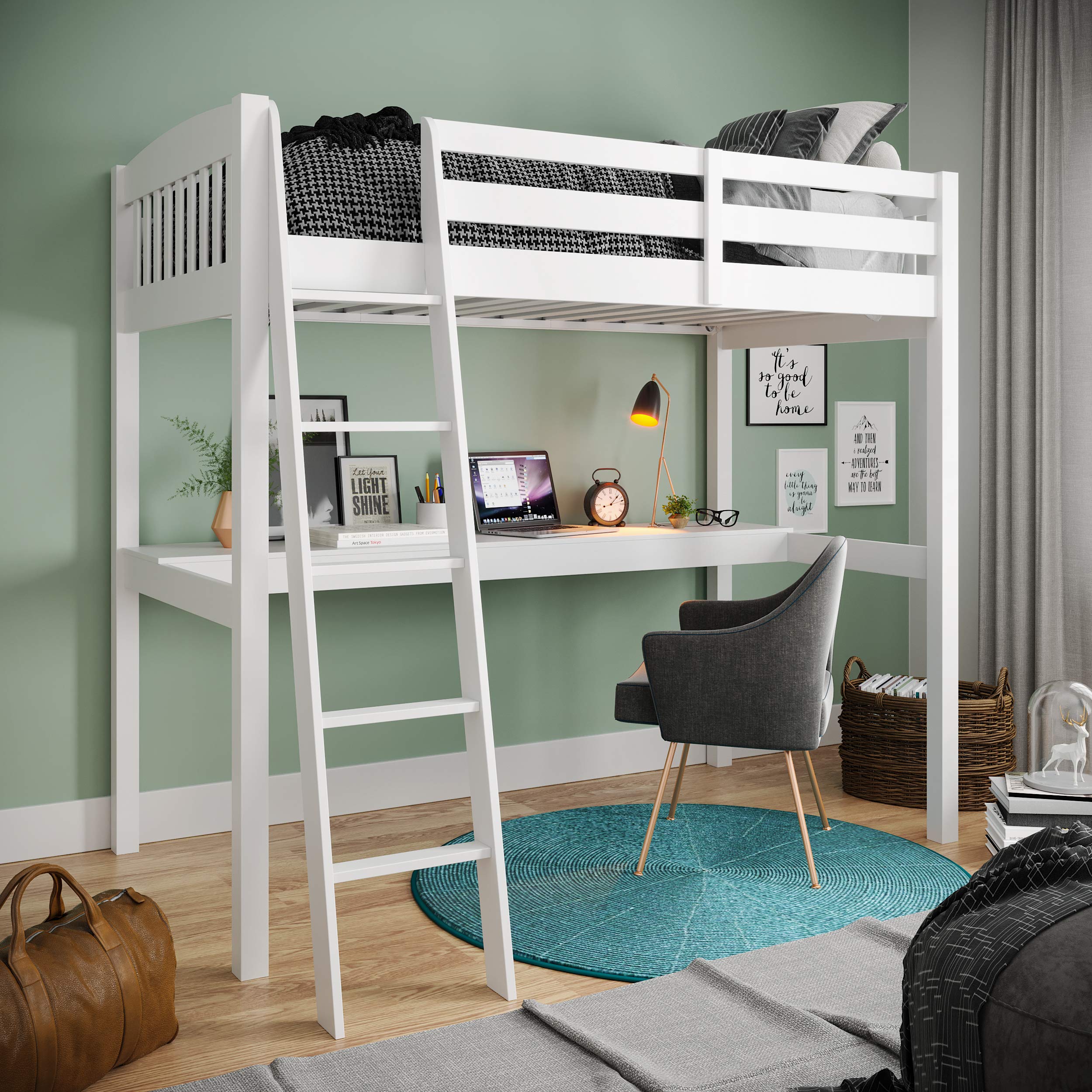 i-POOK Full Size Loft Bed with Staircase and Built-in Desk, High Loft Bed Wood Loft Bed Frame Space-Saving Loft Bed for Boys and
