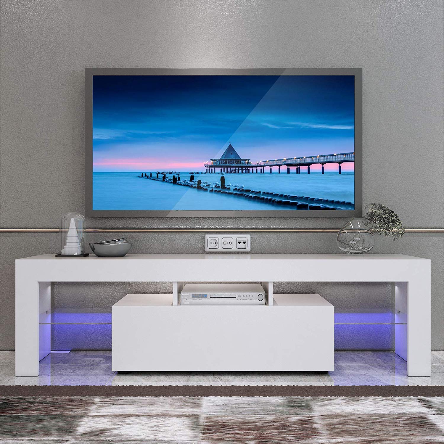 MTFY Modern Simple TV Stand with LED, Television Stand Entertainment Center Console Table for Living Room, for 51" TV (White)