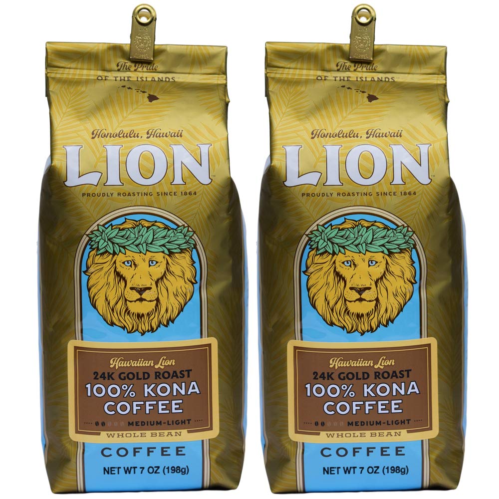 Lion Coffee, 24K Gold Roast, 100% Kona Whole Bean Coffee, 7 Ounce Bag (Pack of Two)