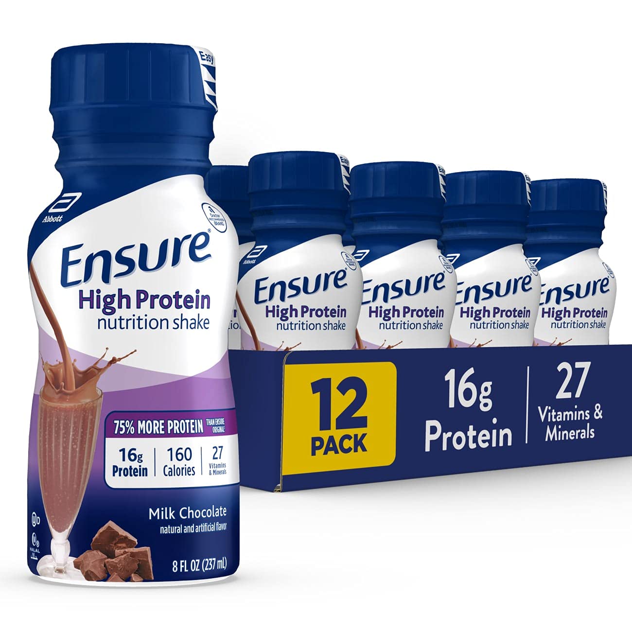 Ensure High Protein Nutritional Shake with 16g of Protein, Ready-to-Drink Meal Replacement Shakes, Low Fat, Milk Chocolate, 8 Fl