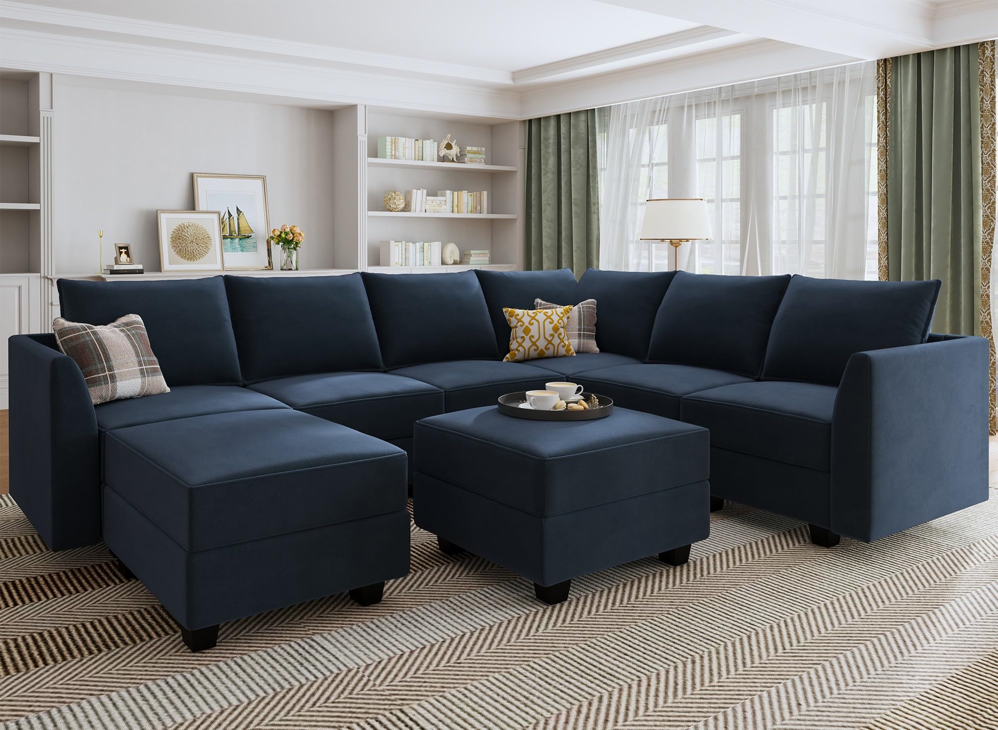 HONBAY Convertible Sectional Sofa Modular Couch with Reversible Chaise Velvet U Shaped Couch Sleeper Sectional Sofa Set with Sto
