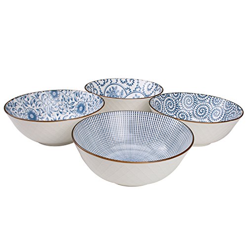 YALONG 40 Ounce Ceramic Bowls for Kitchen Deep Soup Pho Bowls, Blue White Large Porcelain Salad Bowls Set for Ramen Pasta Cereal