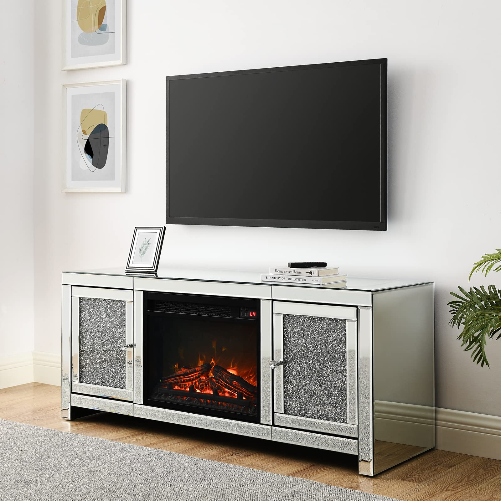 Alohappy Fireplace TV Stand for TVs up to 55A Mirrored TV Stand with 18A Fireplace LED Light Home Media Entertainment center with 2 Stora