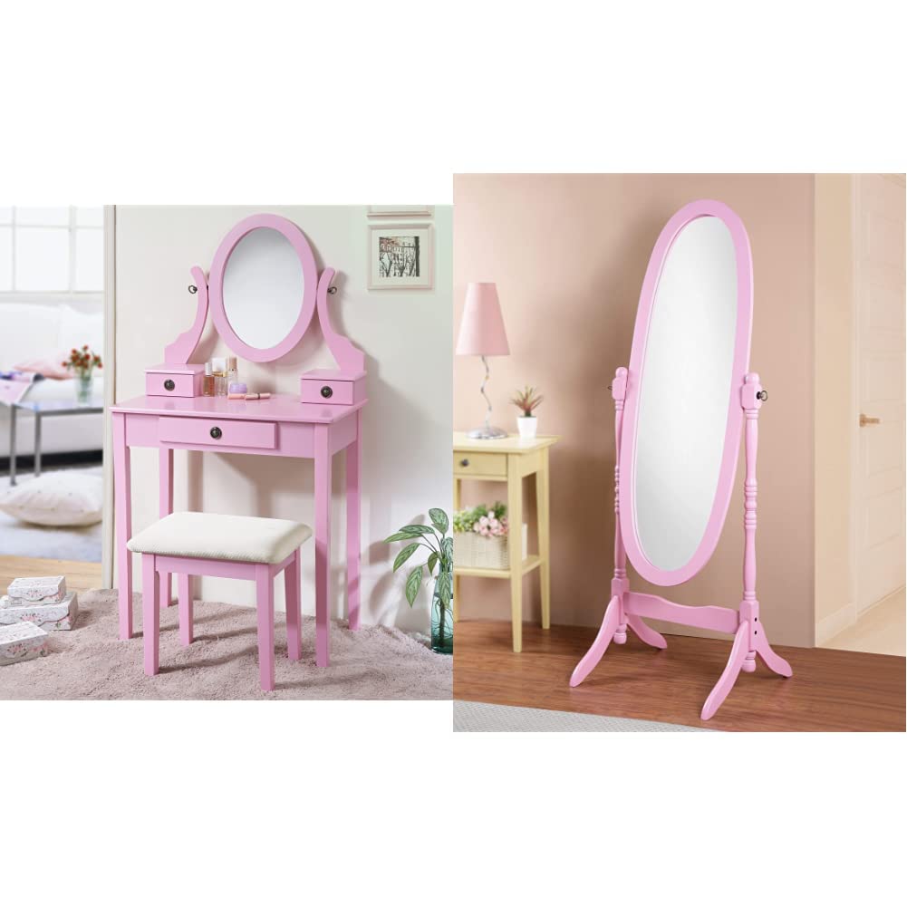 Roundhill Furniture Moniys Moniya Pink Wood Makeup Vanity Table and