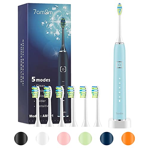 7am2m Sonic Electric Toothbrush with 6 Brush Heads for Adults and Kids, Wireless Fast Charge, One Charge for 60 Days,5 Modes wit