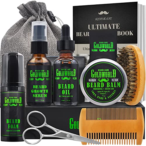 GoldWorld Beard Kit,Beard Growth Kit,Beard Grooming Kit,w/Beard Foam/Shampoo/Wash,Growth Serum,Oil,Balm,Brush,Comb,Shaving Scissor,Storage