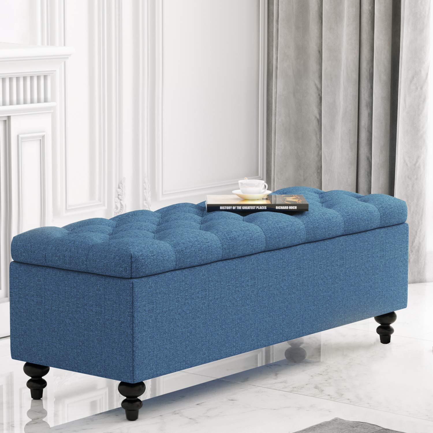 HUIMO Ottoman with Storage, 51-inch Storage Ottoman Bench with Button-Tufted, End of Bed Bench with Safety Hinge Ottoman in Upho