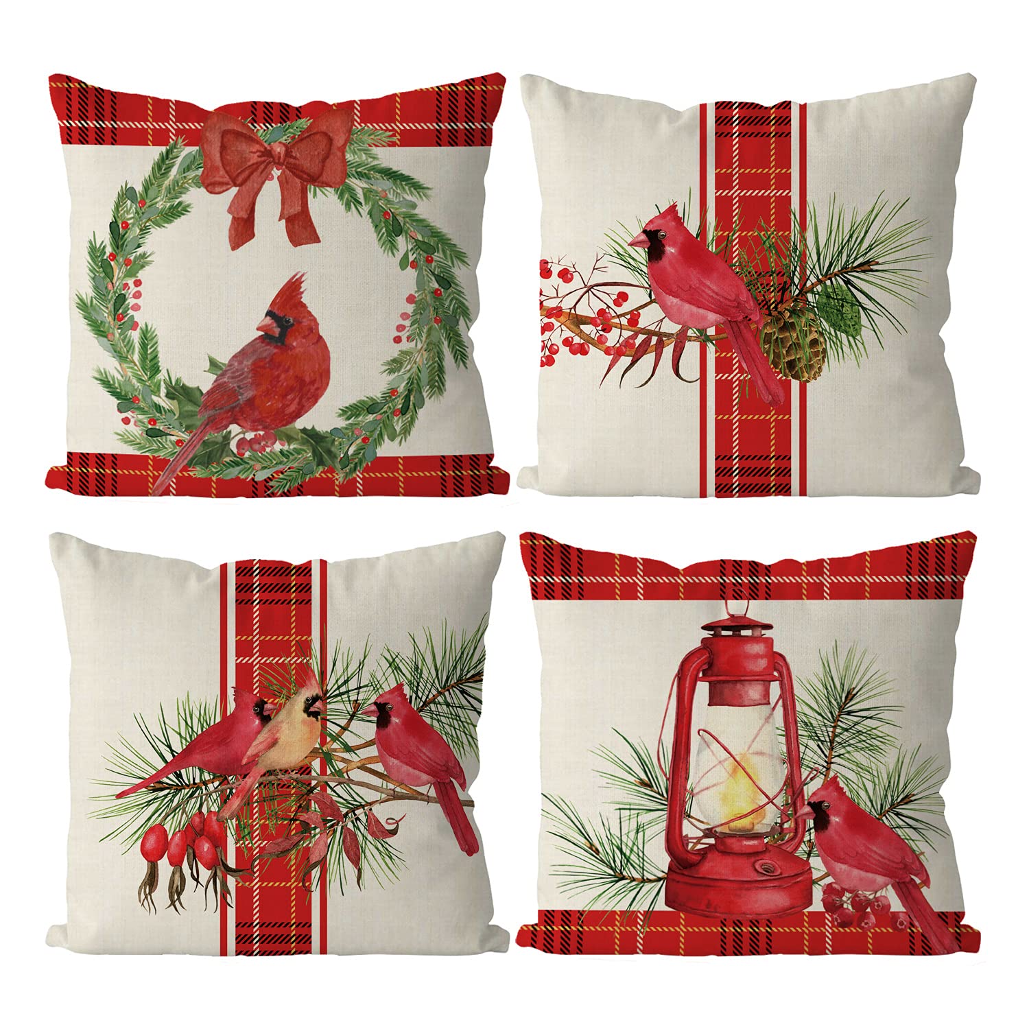 GAGEC Christmas Pillow Covers 16 x 16 Inch Set of 4 Christmas Cardinal Red Buffalo Check Farmhouse Throw Pillowcase Party Decora