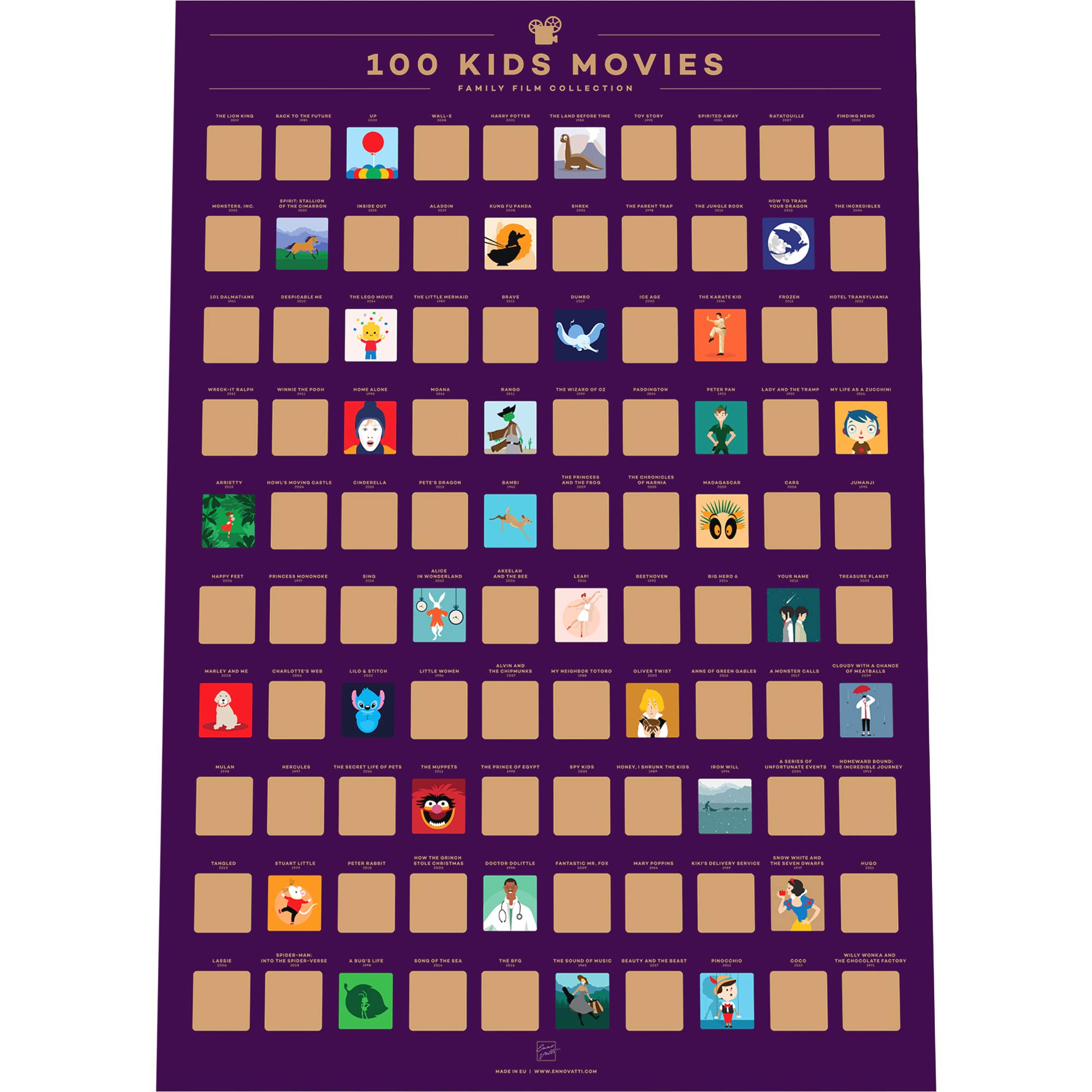 Enno Vatti 100 Kids Movie Scratch Off Poster - Top Family Films of All Time (16.5" x 23.4")- Ultimate Gift For Kids, Christmas,