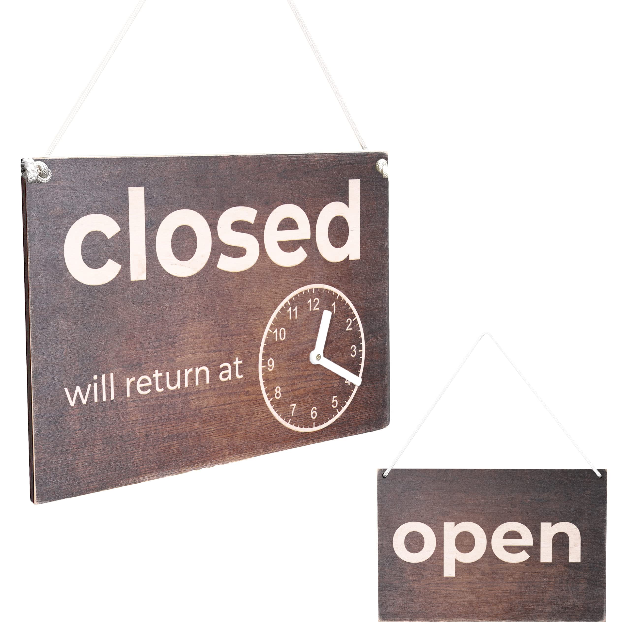 Toros Store Double-Sided Open Sign with Clock - Rustic Wooden Open Closed Sign with Will Return Clock , Vintage Wood Open and Closed Signs f