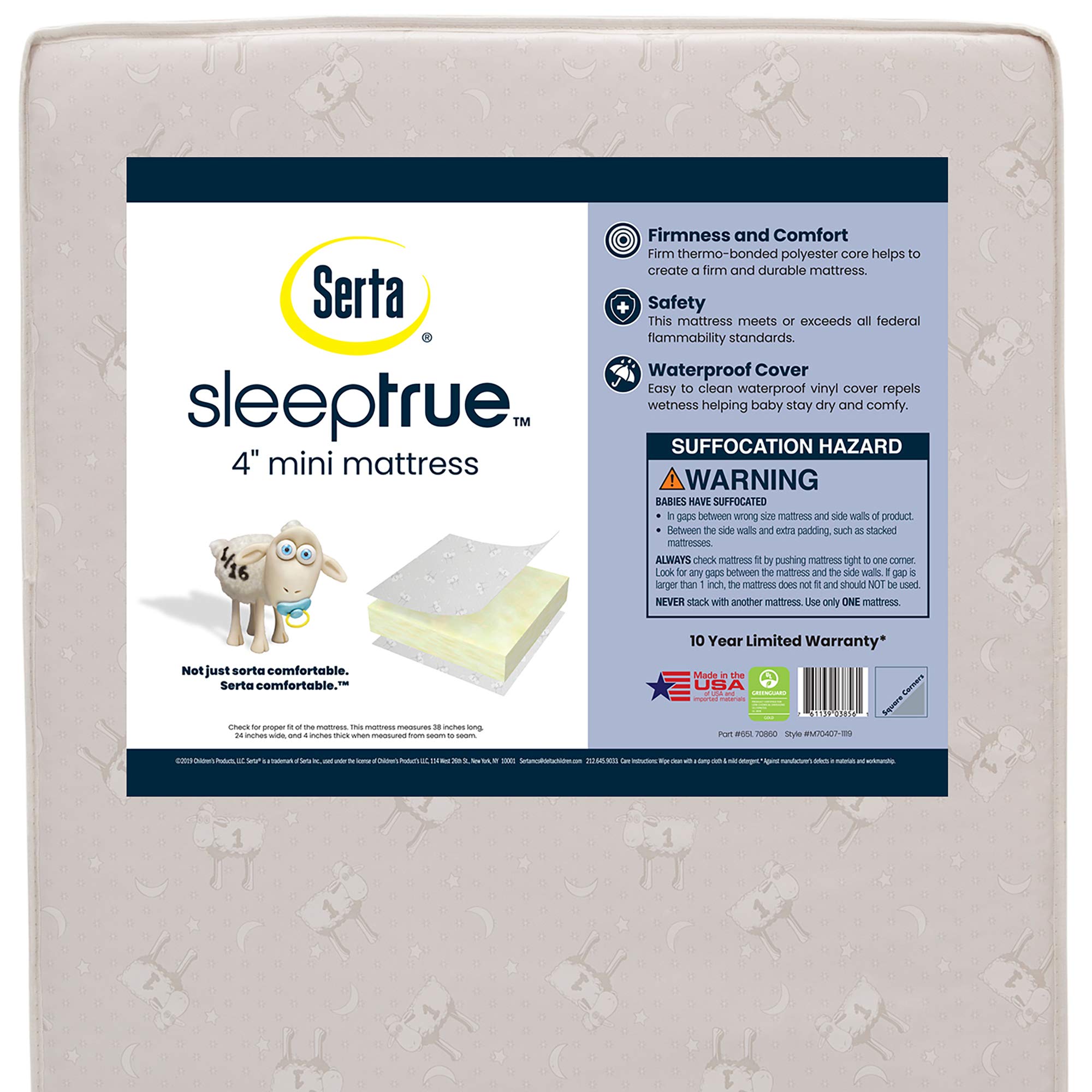 Delta Children Serta SleepTrue Mini Crib Mattress, Premium Sustainably Sourced Fiber Core, Hypoallergenic & Waterproof Cover, Gr