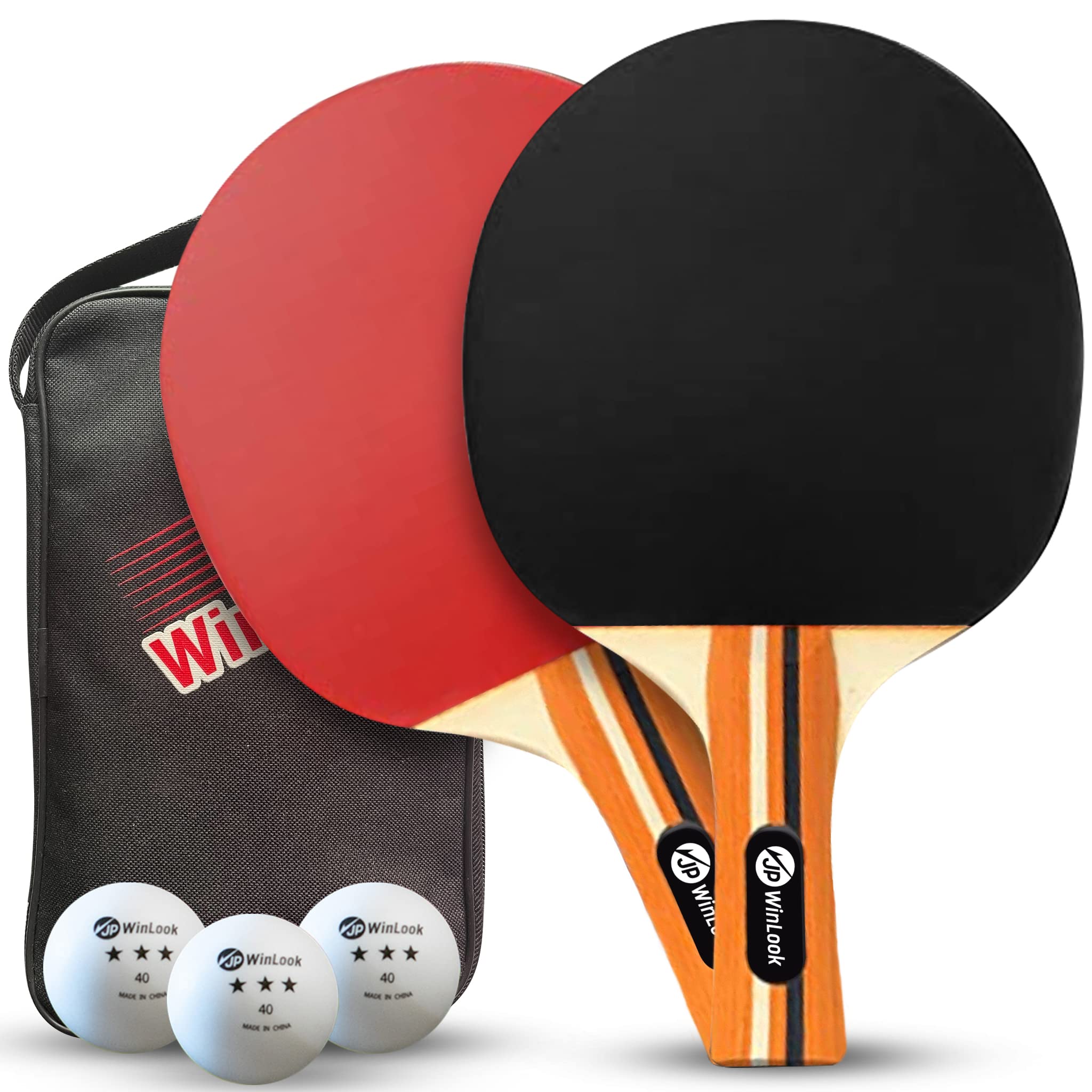JP WinLook Ping Pong Paddles Set of 2 - Portable Table Tennis Paddle Set with Ping Pong Paddle Case & 3 Ping Pong Balls. Premium