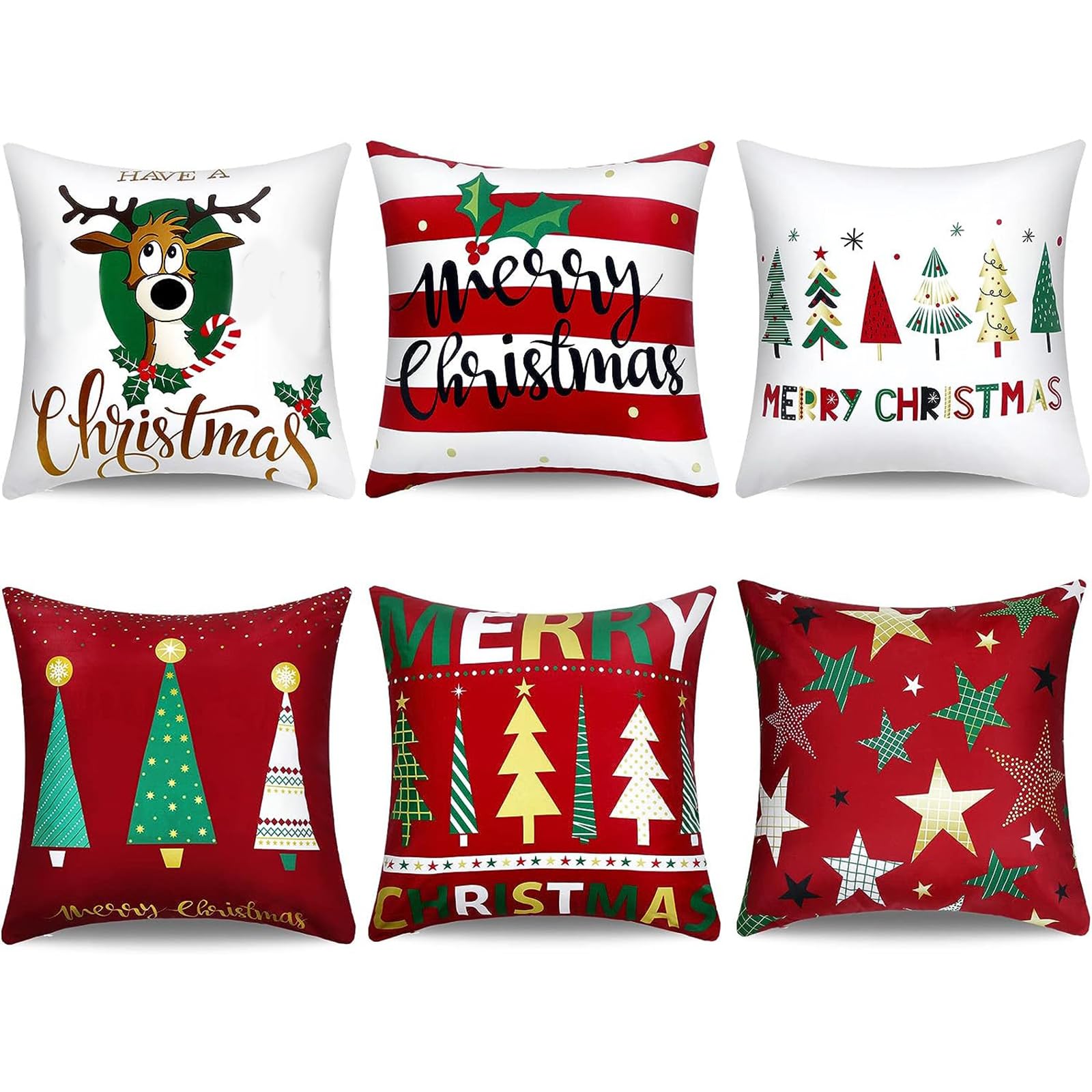 Boao 6 Pieces Christmas Pillow Cover Merry Christmas Throw Cushion Covers Tree Reindeer Star Pillow Case for Party Home Decorati