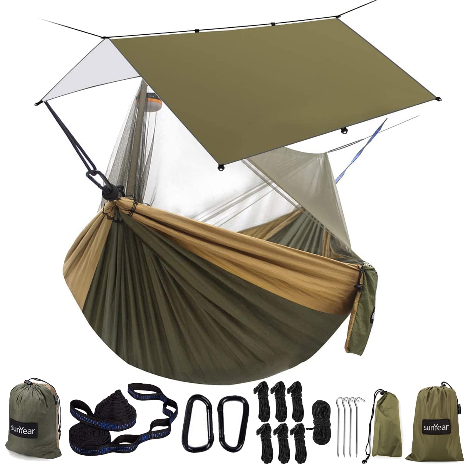 Sunyear Hammock Camping with Rain Fly Tarp and Net, Portable Camping Hammock Double Tree Hammock Outdoor Indoor Backpacking Trav