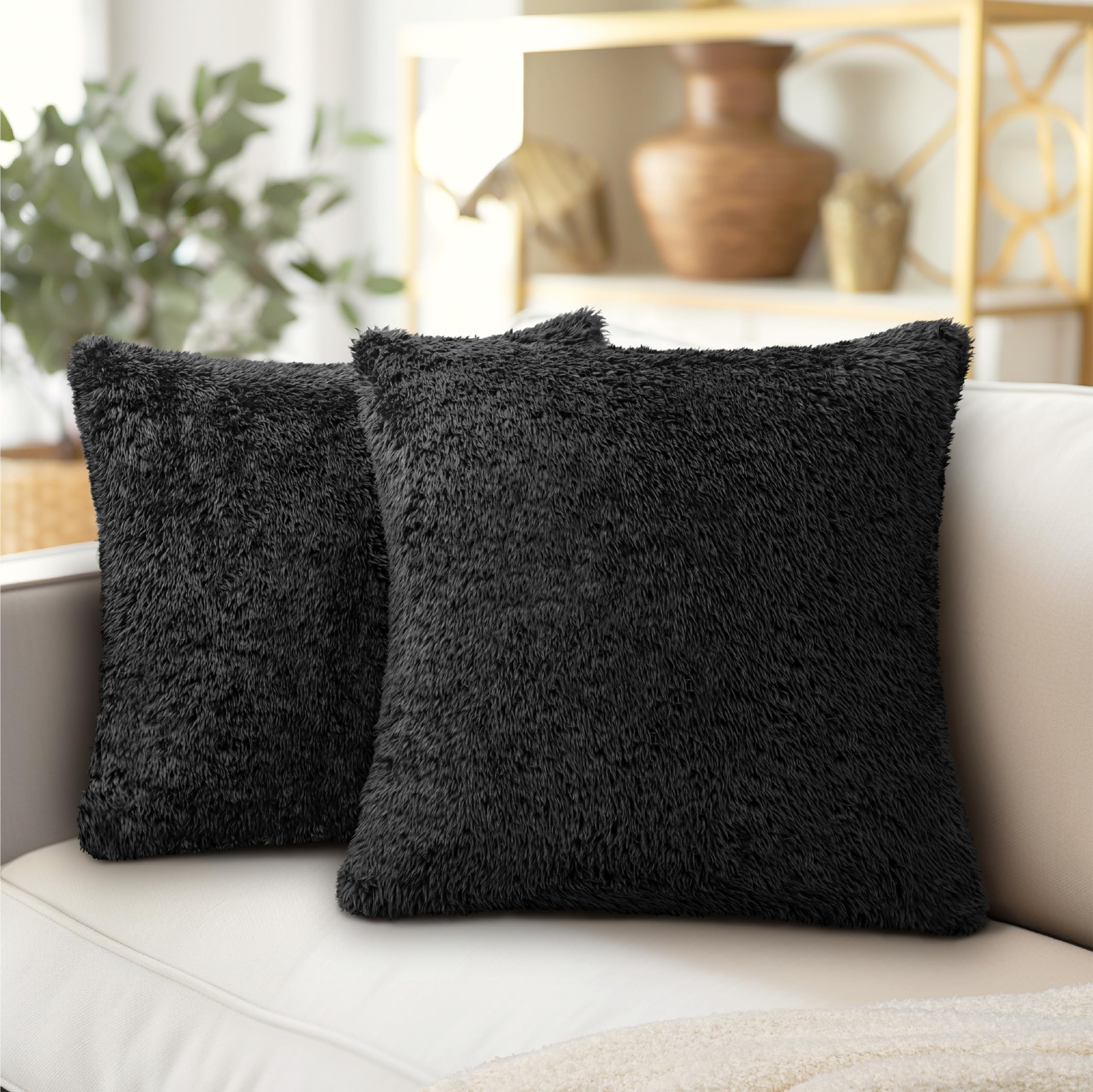 PAVILIA Fluffy Black Throw Pillow Covers, Decorative Accent Pillow Cases for Bed Sofa Couch, Soft Faux Fur Cushion Cover, Square