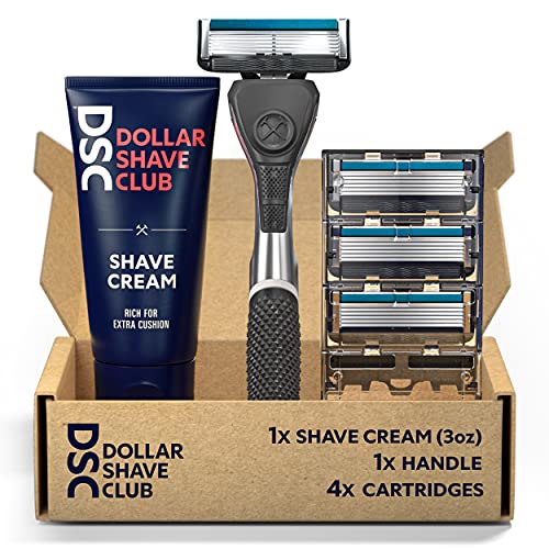 Dollar Shave Club 6-Blade Razor Starter Set, 1 Handle, 4x6-Blade Cartridges, 3oz Shave Cream, Silver/Blue