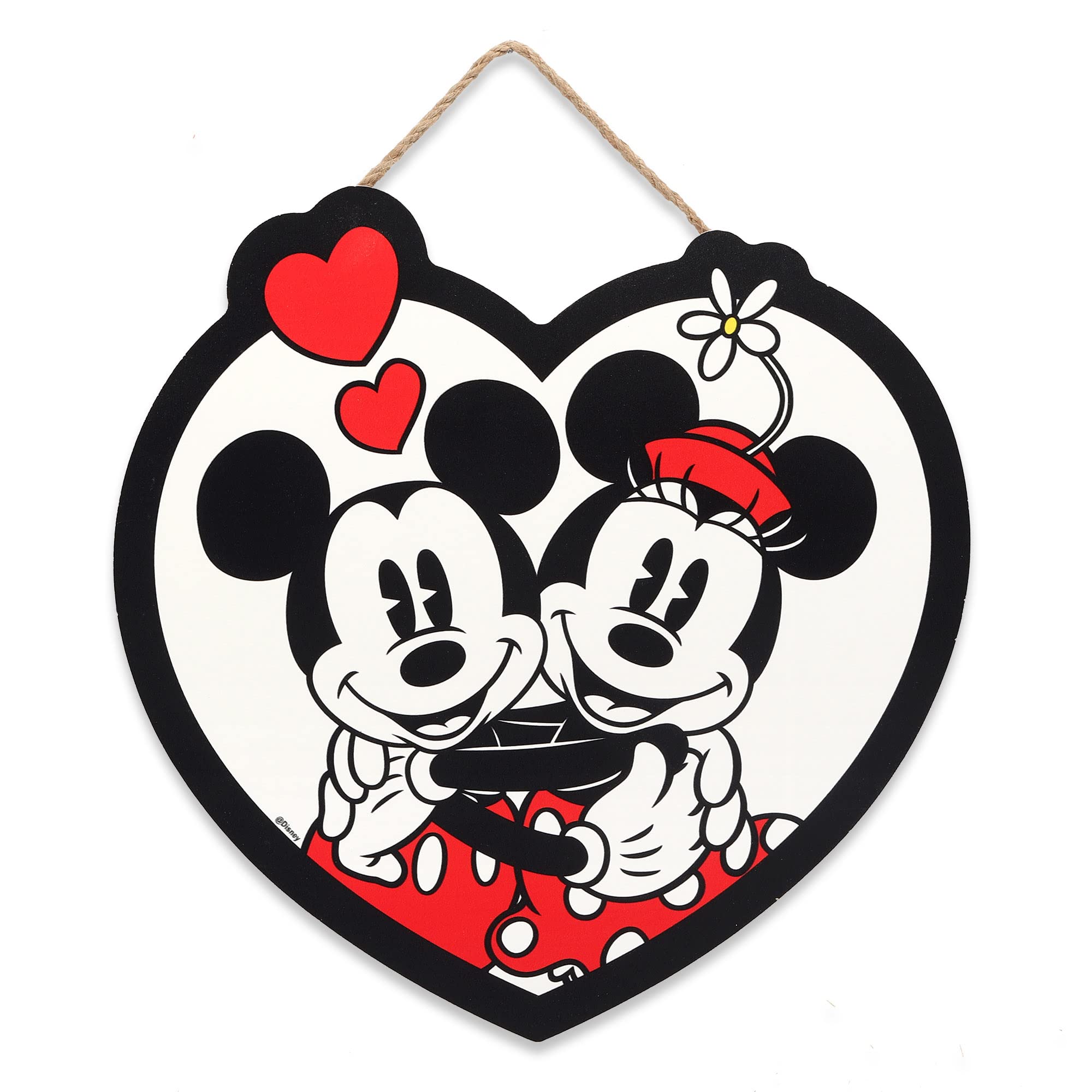 Open Road Brands Disney Mickey Mouse and Minnie Mouse Hanging Wood Sign - Heart Shaped Mickey Mouse Wall Art