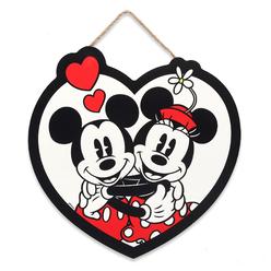 Open Road Brands Disney Mickey Mouse and Minnie Mouse Hanging Wood Sign - Heart Shaped Mickey Mouse Wall Art