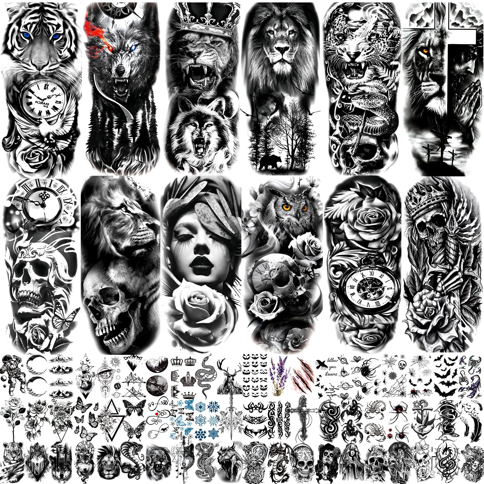 JEEFONNA 72 Sheets Temporary Tattoo for Men Women Adults, Include 12 Sheets Large Black 3D Realistic Tattoos Half Sleeve Tempora